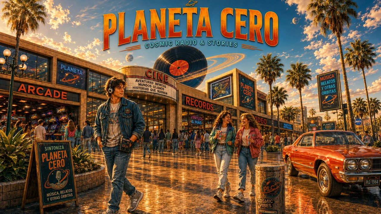 Arte oficial de Planeta Cero: música, cine y arcades bajo un cielo cósmico.